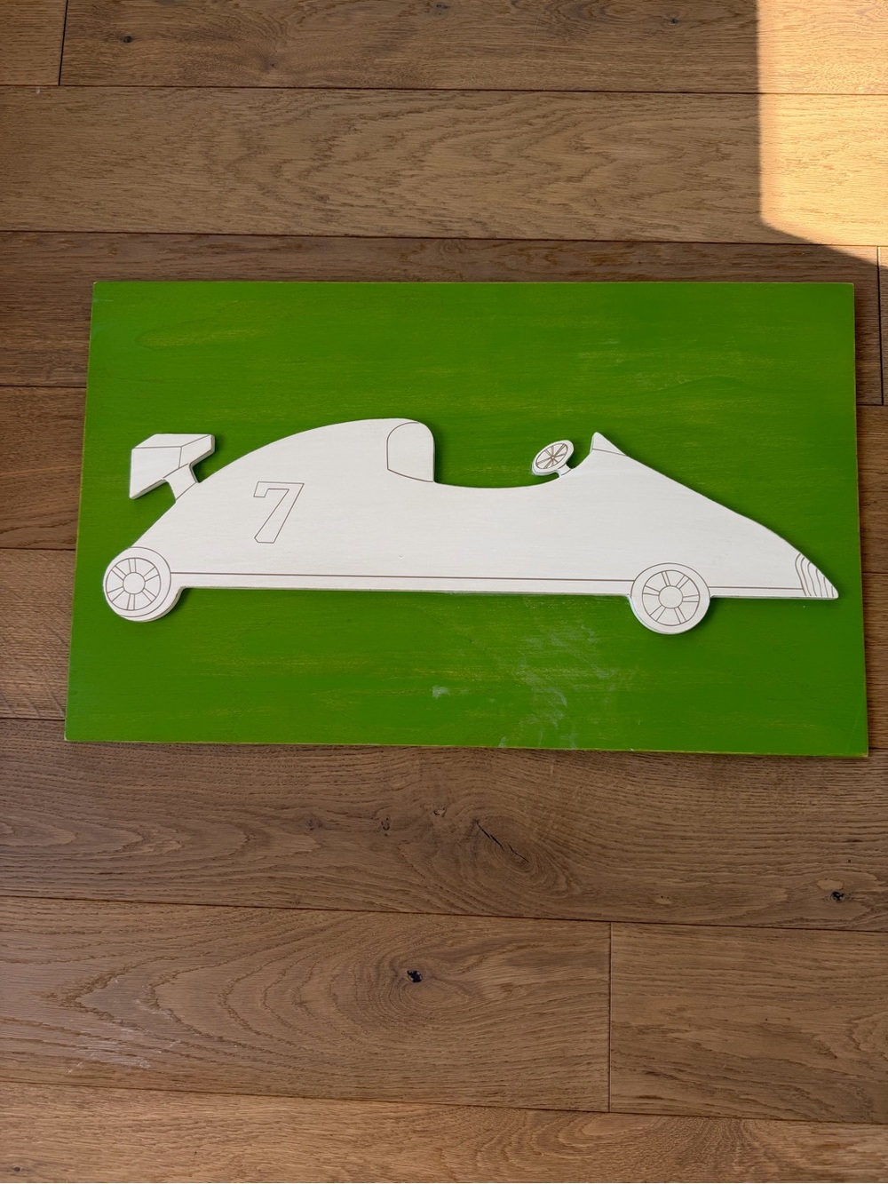 Pottery Barn Kids Wooden Race Car Wall Art - White on Green